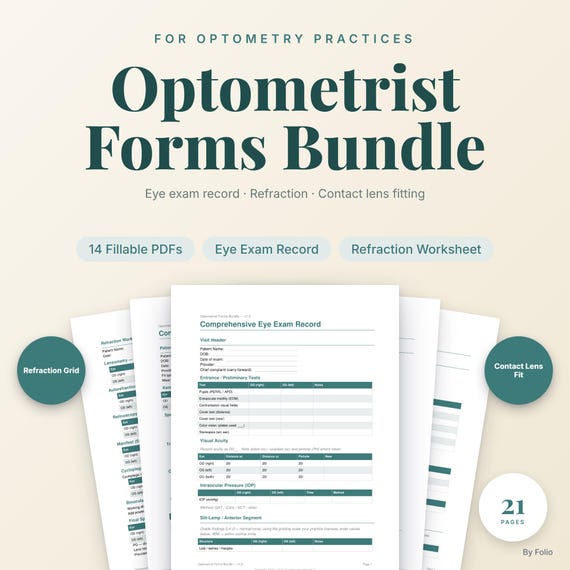 Optometrist Forms Bundle | Eye Exam Record & Patient Intake | Fillable PDF Documentation Kit for Optometry Practice