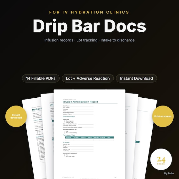 IV Therapy Clinic Forms | Infusion Admin Record Intake Consent | Fillable PDF Kit for IV Hydration Clinics