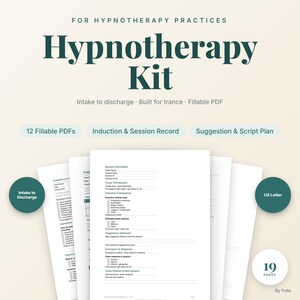 Könnte beinhalten: Ein digitales Hypnotherapie-Set mit 12 ausfüllbaren PDF-Dokumenten für Aufnahme, Sitzungsprotokolle, Induktion und Skriptplanung. Das Set umfasst 19 Seiten im US-Letter-Format mit dunkelgrünem Text auf einem hellen, cremefarbenen Hintergrund.