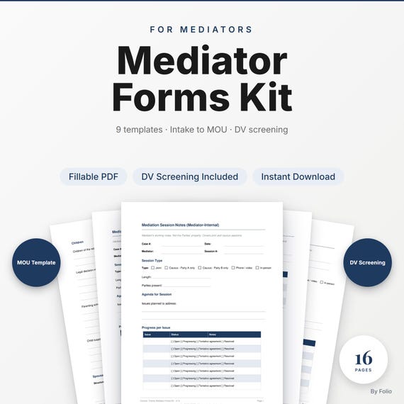 Mediator Practice Forms Kit | Intake, Agreement, MOU, Session Notes | 9 Templates