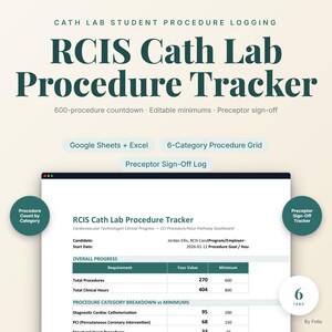 May include: A digital RCIS Cath Lab Procedure Tracker spreadsheet for Google Sheets and Excel. The interface displays a dashboard for tracking clinical progress, procedure counts, and preceptor sign-offs with a 6-category grid and 6 tabs.