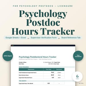 May include: A digital Psychology Postdoc Hours Tracker spreadsheet for Google Sheets and Excel. The interface displays hour progress, requirements, and benchmarks for licensure. Features include an APPIC aligned tracker, supervisor verification form, board reference tab, and a six-tab layout with an hour countdown.