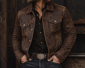 Veste de camionneur en cuir Crazy Horse pour homme, manteau de motard marron vieilli, en cuir de vachette vintage fait main
