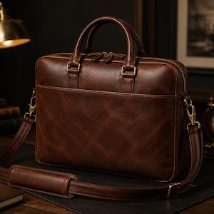 May include: A dark brown leather briefcase featuring two top handles, a detachable shoulder strap with a padded section, and brass-toned metal hardware. The bag has a rectangular shape with a zippered main compartment and a front slip pocket.