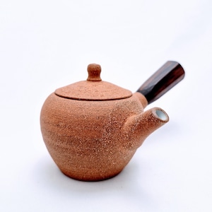 以下が含まれることがあります： テラコッタ色の陶器製ティーポット。表面はざらざらとした質感で、丸みを帯びた本体、小さなつまみ付きの蓋、白い内側の短い注ぎ口、そして側面には濃い茶色の多面的な木製の持ち手が取り付けられています。