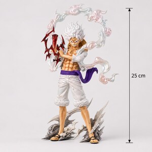 May include: A detailed figurine of a character from the One Piece anime, standing 25 cm tall. The figure is in a dynamic pose, with white hair, a white outfit, and a purple sash. It holds a red weapon and is surrounded by a swirling, translucent effect.