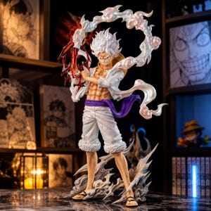 May include: A detailed figurine of a character with spiky white hair, wearing a white outfit with a purple sash. The figure is holding a red and white weapon, with a swirling cloud-like effect around it. The base is a stylized cloud design.
