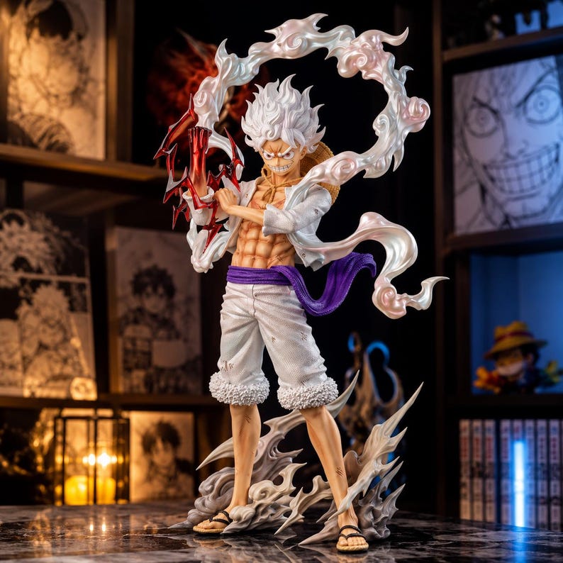 May include: A detailed figurine of a character with spiky white hair, wearing a white outfit with a purple sash. The figure is holding a red and white weapon, with a swirling cloud-like effect around it. The base is a stylized cloud design.