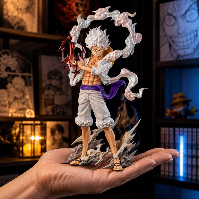 May include: A detailed figurine of a character with spiky white hair, wearing white shorts, a white open jacket, and a purple sash. The figure is holding a red and black weapon and is surrounded by a swirling, cloud-like effect. The figure is standing on a cloud-like base.