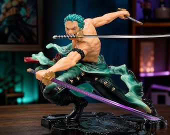 Zoro Flame Figure 10cm, One Piece Inspired Anime Figurine, Three Sword Style PVC Collectible, Manga Gift, Desk One Piece Decor for Fans