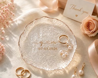 Portafedi personalizzato per la coppia, cofanetto portagioie in vetro personalizzato con i nomi, portafedi con bordo dorato per la sposa, ricordo per addio al nubilato.