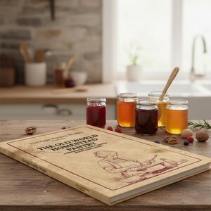 Peut inclure: Un livre rectangulaire intitulé The Old World Homestead Pantry avec une couverture beige ornée d'un dessin au trait brun représentant une personne cuisinant. Quatre bocaux en verre remplis de confitures rouges et jaunes sont posés derrière.