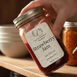Pode incluir: Um frasco de geleia de morango caseira com tampa prateada, segurado por uma mão. O rótulo diz "Strawberry Jam" com o texto "From the kitchen of The Millers." O frasco está rotulado "Net Wt 340g."