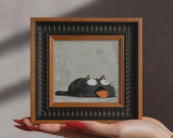 Funny Hand-Painted Playful Cat Oil Painting, Cute Black Cat Art, Lazy Cat Wall Artwork, Unique Cat Lover Gift, Cozy Home Decor