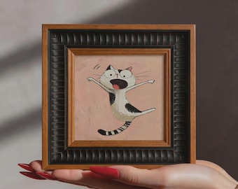 Excited Black and White Cat Oil Painting, Happy Cat Wall Art, Whimsical Cat Illustration, Cute Cat Decor, Cat Lover Gift