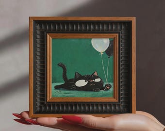 Black Cat with Balloons Oil Painting, Funny Cat Wall Art, Whimsical Cat Art, Moody Black Cat Decor, Cat Lover Gift, Cute Cat Illustration