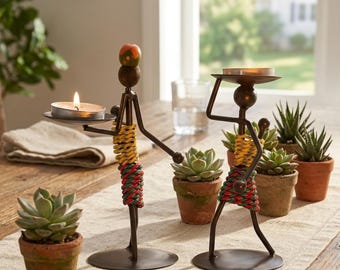 Couple Candle Holders Set Tribal Figurine Tealight Stand Ethnic Home Decor Handmade Style Table Centerpiece