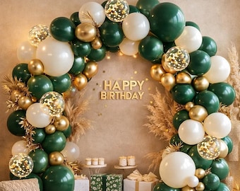 Kit de guirnalda de globos verde, blanco y dorado para fiestas, bodas y cumpleaños. Set de arco de globos.