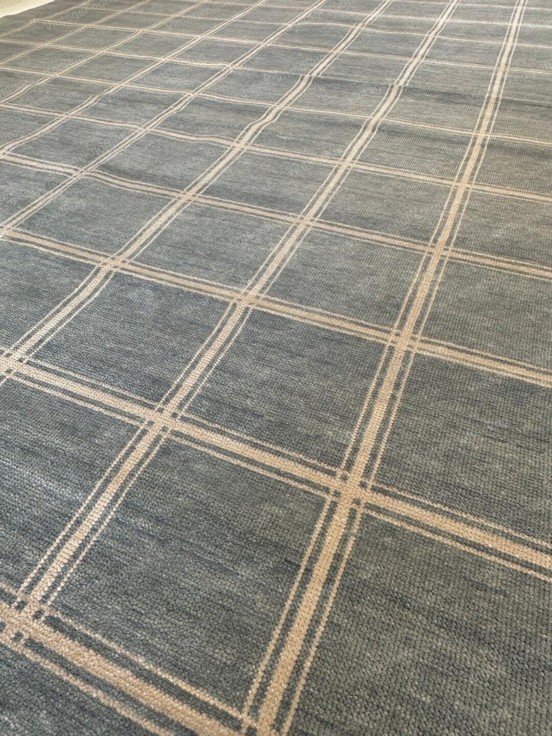Blue Plaid Wool Rug Hand Knotted Modern Farmhouse Area Rug, Custom ...