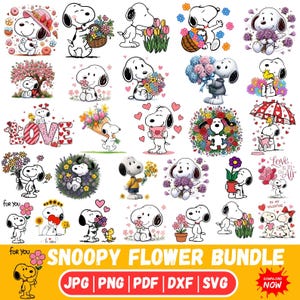Op de afbeelding: Een digitale collectie Snoopy-illustraties met het personage met diverse bloemen, boeketten en harten. De afbeeldingen tonen Snoopy met manden, lezend onder een paraplu en in interactie met Woodstock, met de tekst SNOOPY FLOWER BUNDLE.