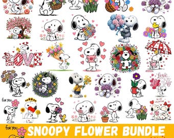 Könnte beinhalten: Eine digitale Sammlung von Snoopy-Illustrationen, die den Charakter mit verschiedenen Blumen, Blumensträußen und Herzen zeigen. Die Grafiken beinhalten Snoopy mit Körben, lesend unter einem Regenschirm und mit Woodstock, mit dem Text SNOOPY FLOWER BUNDLE.