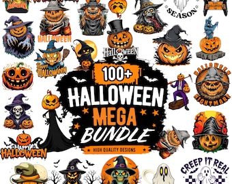 May include: A digital collection of over 100 Halloween-themed graphic designs featuring jack-o'-lanterns, ghosts, witches, and skeletons. The central text reads 100+ HALLOWEEN MEGA BUNDLE HIGH QUALITY DESIGNS, surrounded by various spooky illustrations.