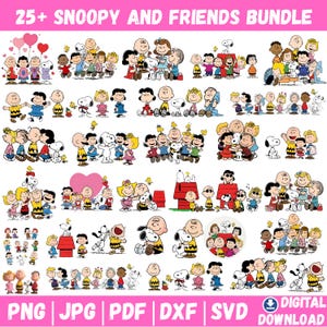 Op de afbeelding: Een digitale collectie van meer dan 25 Snoopy en Vrienden illustraties met diverse personages uit de Peanuts strip in kleurrijke poses, waaronder Snoopy, Charlie Brown, Lucy en Linus, met de tekst 25+ SNOOPY AND FRIENDS BUNDLE.