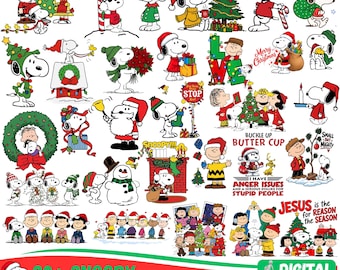 May include: A collection of Peanuts Christmas digital illustrations featuring Snoopy, Charlie Brown, and friends in holiday attire. The graphics include characters with Christmas trees, gifts, wreaths, snowmen, and festive text like Merry Christmas.