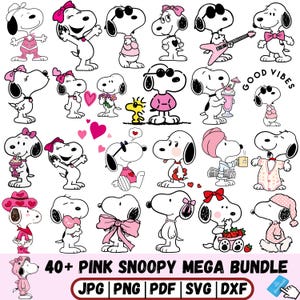 Puede incluir: Una colección de ilustraciones del personaje Snoopy con varias poses y atuendos en rosa, negro y blanco. El texto dice 40+ PINK SNOOPY MEGA BUNDLE JPG PNG PDF SVG DXF. Los personajes se muestran con accesorios como lazos y gafas de sol.