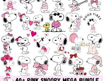 Könnte beinhalten: Eine Sammlung von Snoopy-Charakterillustrationen in verschiedenen Posen und Outfits in Pink, Schwarz und Weiß. Der Text lautet 40+ PINK SNOOPY MEGA BUNDLE JPG PNG PDF SVG DXF. Die Figuren sind mit Accessoires wie Schleifen und Sonnenbrillen dargestellt.