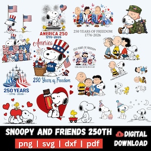 May include: A collection of Snoopy and Friends graphics celebrating America's 250th anniversary. The designs include Snoopy in patriotic attire, American flags, and text that reads "America 250" and "250 Years of Freedom."