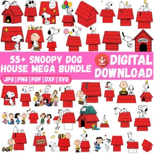 Puede incluir: Una colección digital de más de 55 ilustraciones con Snoopy y los personajes de Peanuts junto a casetas de perro rojas. El gráfico incluye el texto 55+ SNOOPY DOG HOUSE MEGA BUNDLE, DIGITAL DOWNLOAD y los formatos JPG, PNG, PDF, DXF, SVG.