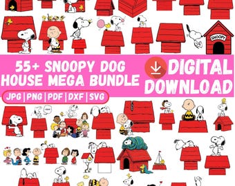 Könnte beinhalten: Eine digitale Sammlung von über 55 Illustrationen mit Snoopy und den Peanuts-Charakteren sowie roten Hundehütten. Die Grafik enthält den Text 55+ SNOOPY DOG HOUSE MEGA BUNDLE, DIGITAL DOWNLOAD sowie die Dateiformate JPG, PNG, PDF, DXF, SVG.