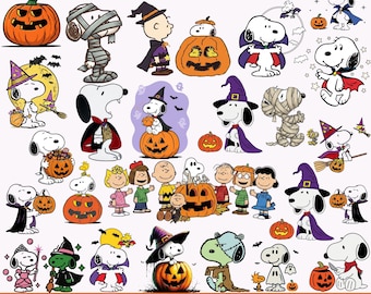 Könnte beinhalten: Eine digitale Sammlung von 45+ Snoopy Halloween-Illustrationen, die den Charakter in verschiedenen Kostümen wie Mumie, Vampir und Hexe zeigen, zusammen mit Kürbissen, Geistern und anderen Peanuts-Figuren sowie dem Text 45+ SNOOPY HALLOWEN.