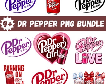 Könnte beinhalten: Eine digitale Sammlung von Dr. Pepper-Grafiken mit verschiedenen Logos, Getränkedosen und Textdesigns wie 'HOT GIRLS DRINK', 'Dr Pepper Girl', 'LOVE', 'RUNNING ON AND A PRAYER' und 'USA JULY 4TH' mit patriotischen Schleifen und Sternenmustern.