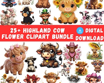 Könnte beinhalten: Eine digitale Sammlung von über 25 Highland-Rind-Illustrationen mit verschiedenen Cartoon-Kälbern, die mit Blumen, Hüten, Bandanas und Brillen geschmückt sind. Der Text 25+ HIGHLAND COW FLOWER CLIPART BUNDLE DIGITAL DOWNLOAD ist in der Mitte zu sehen.