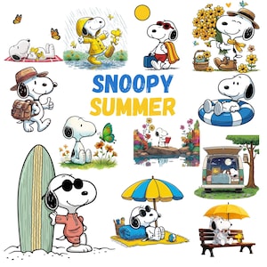 Op de afbeelding: Een verzameling Snoopy-illustraties met een zomerthema. Snoopy wordt afgebeeld in verschillende zomerse activiteiten, waaronder surfen, zonnebaden en genieten van de buitenlucht. De tekst "Snoopy Summer" staat in blauwe en gele letters.