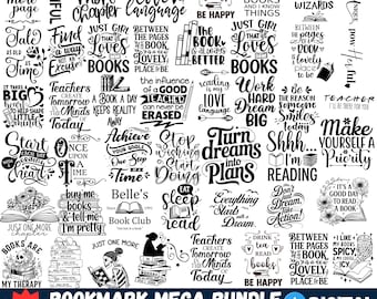 May include: A digital collection of 40 black and white typographic designs featuring book-themed quotes and illustrations. The graphics include phrases like Just One More Page, Reading is My Love Language, and Teacher designs for crafting projects.