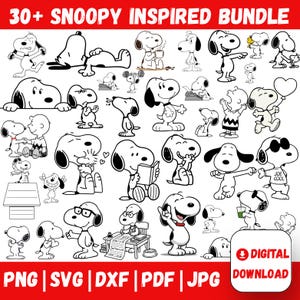 May include: A digital download bundle featuring over 30 Snoopy-inspired illustrations in black and white. The images showcase Snoopy in various poses and activities, with the words "JOE COOL" on one image. File formats include PNG, SVG, DXF, PDF, and JPG.