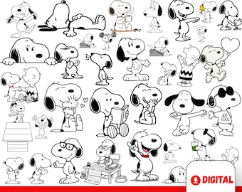 Könnte beinhalten: Ein digitales Download-Bundle mit über 30 von Snoopy inspirierten Illustrationen in Schwarzweiß. Die Bilder zeigen Snoopy in verschiedenen Posen und Aktivitäten, mit den Worten "JOE COOL" auf einem Bild. Dateiformate sind PNG, SVG, DXF, PDF und JPG.