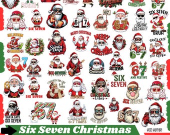 Könnte beinhalten: Eine digitale Sammlung verschiedener Weihnachtsmann-Illustrationen mit Sonnenbrillen, festlicher Kleidung und den Texten Six Seven, Merry Christmas und Santa Drip Season. Die Grafiken zeigen den Weihnachtsmann beim Gitarrespielen.