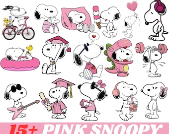 Könnte beinhalten: Eine digitale Sammlung von über 15 Snoopy-Illustrationen mit rosa Akzenten, darunter Snoopy auf einem Fahrrad, mit Doktorhut, beim Gewichtheben und im Dinosaurierkostüm. Der Text lautet JPG|PNG|PDF|DXF|SVG und 15+ PINK SNOOPY MEGA BUNDLE.