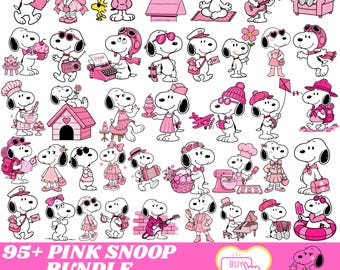 Könnte beinhalten: Eine Sammlung von Snoopy-Illustrationen, die den Charakter in verschiedenen Outfits und Aktivitäten zeigen, alle mit rosa Akzenten. Der Text unten lautet 95+ PINK SNOOP BUNDLE JPP PNG PDF DXF SVG und enthält eine Grafik für einen Kauf-Button.