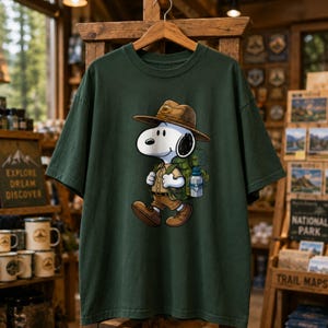 以下が含まれることがあります： スヌーピーが公園レンジャーの姿で描かれた濃い緑色のTシャツ。茶色の帽子、カーキ色のシャツを着て、バックパックと水筒を持っています。Tシャツは木製のハンガーに掛けられています。「EXPLORE DREAM DISCOVER」の文字が背景に見えます。