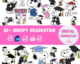 May include: A collection of Snoopy characters in graduation attire, including caps and gowns, holding books and diplomas. The image includes the text "Senior Year" and "Class of 2026", along with file type icons and the words "Digital Download".