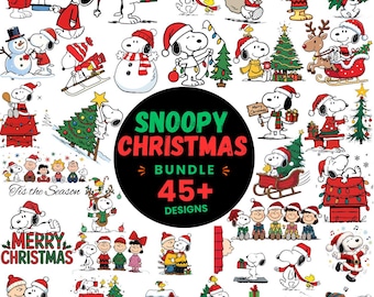 May include: A digital collection of over 45 Snoopy Christmas illustrations featuring the character in various holiday scenes with trees, gifts, snowmen, and friends. The central black circle displays the text SNOOPY CHRISTMAS BUNDLE 45+ DESIGNS.