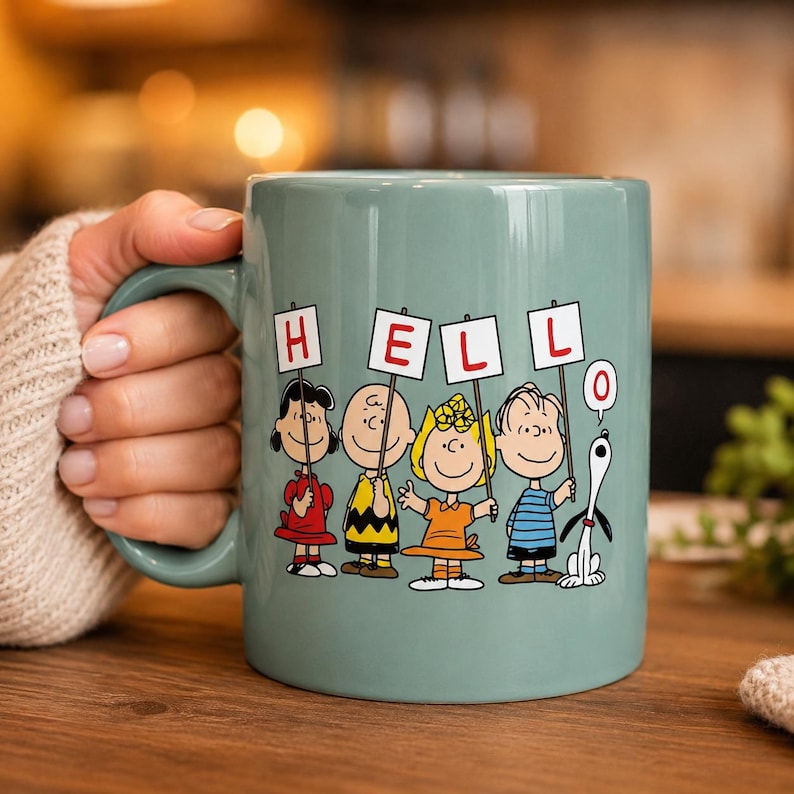 May include: A sage green ceramic mug featuring a graphic of five Peanuts characters holding signs that spell out the word HELLO. The characters include Lucy, Charlie Brown, Sally, Linus, and Snoopy, each depicted in their classic colourful outfits.