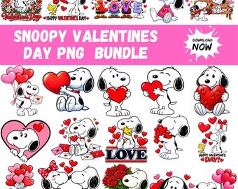 Könnte beinhalten: Eine digitale Sammlung von Snoopy-Valentinstagsillustrationen mit der Figur, roten Herzen, Rosen und liebevollem Text. Das Grafikpaket enthält verschiedene Szenen mit Snoopy und Freunden sowie den Text SNOOPY VALENTINES DAY PNG BUNDLE.