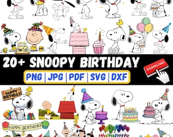 Könnte beinhalten: Eine digitale Sammlung von Snoopy-Geburtstagsgrafiken mit verschiedenen Illustrationen der Figur, die Partyhüte trägt, Kuchen hält und neben Luftballons steht. Der Text lautet 20+ SNOOPY BIRTHDAY mit den Dateiformaten PNG, JPG, PDF, SVG und DXF.