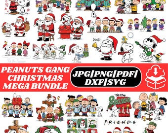 Könnte beinhalten: Eine digitale Sammlung von Peanuts-Weihnachtsillustrationen mit Snoopy, Charlie Brown und Freunden in verschiedenen festlichen Szenen, darunter Weihnachtslieder, geschmückte Bäume und der Weihnachtsmann, beschriftet als Peanuts Gang Christmas Mega Bundle.